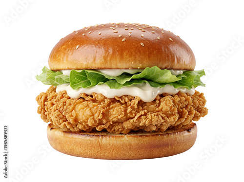 Crispy fried chicken burger with fresh lettuce and creamy mayonnaise, golden breaded chicken sandwich on toasted sesame bun, fast food takeout meal isolated PNG with Transparent Background
