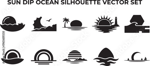 Black silhouette set of ocean sunset silhouettes with sea creatures and coastal black silhouettes coastal set