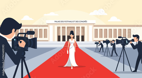 A flat design illustration depicting elegant figures walking the legendary red carpet towards the Palais des Festivals. 
