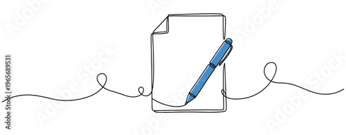 Blank document with pen placed on white background drawing. no editable strokes