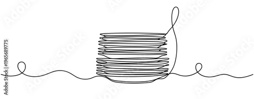 Stack of plates placed on minimal white surface with line art. no editable strokes