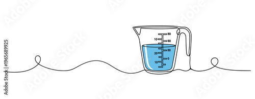 Measuring jug filled with liquid placed on continuous line background. no editable strokes