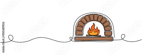Brick oven with fire burning inside on simple line backdrop. no editable strokes