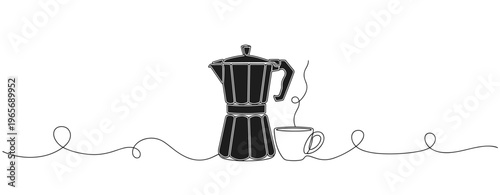 Moka pot brewing coffee beside cup in continuous line. no editable strokes