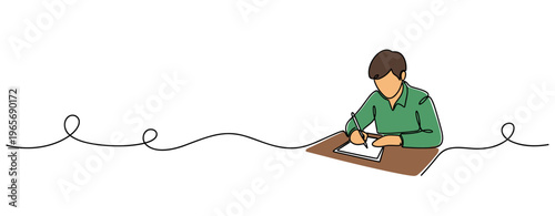 Student writing exam at desk focused on handwritten paperwork. no editable strokes