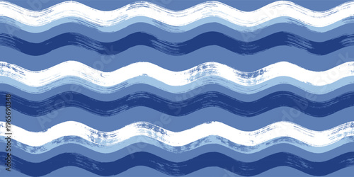 Seamless Wave Pattern, Hand drawn watercolor sea vector background. Wavy beach print, curly grunge paint  water lines.