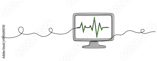 Monitor showing heartbeat waveform on white background single line drawing. no editable strokes