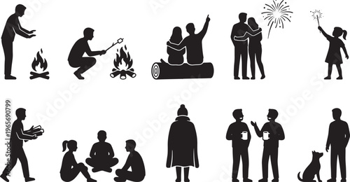 Diverse group of people performing various activities and sports in silhouette style silhouettes running