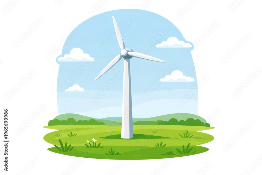 Fototapeta premium Wind turbine stands tall in a vibrant green field under a blue sky with fluffy clouds, symbolizing sustainable energy generation and eco friendly power solutions