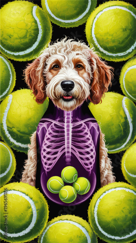 Funny anatomy illustration of dog x ray full of tennis balls, playful pet art pattern on black background for vet and dog lover designs