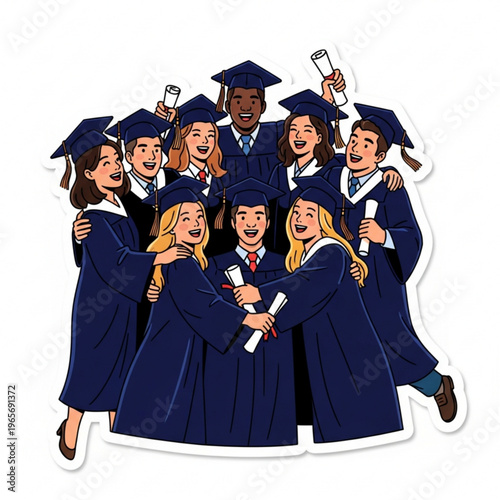 A joyful group of diverse college graduates in blue caps and gowns celebrating their achievement with diplomas and embracing each other.