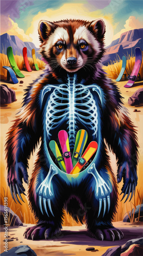 Colorful red panda skeleton illustration with glowing x ray ribs and snowboard gear in desert canyon landscape, surreal adventure art