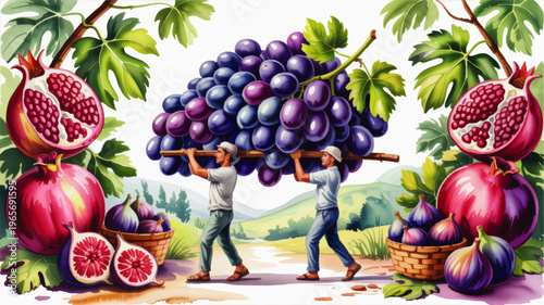Vibrant vineyard harvest illustration with farmers carrying giant grapes among figs and pomegranates in lush countryside landscape
