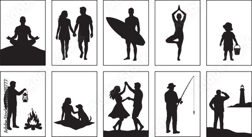 Silhouettes of diverse human activities and interactions in monochrome style human figures people