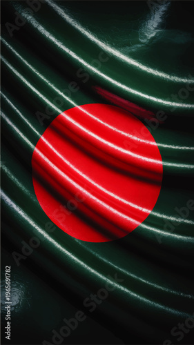 Bangladesh flag abstract close up, glossy green fabric folds with red circle, patriotic national banner background illustration