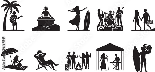 Silhouettes of diverse human activities in black and white people yoga