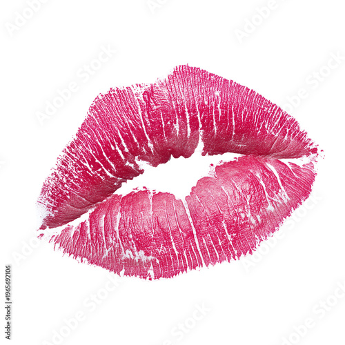 A vivid pink lipstick kiss imprint creates a bold and striking graphic on a dark surface. isolated on transparent background