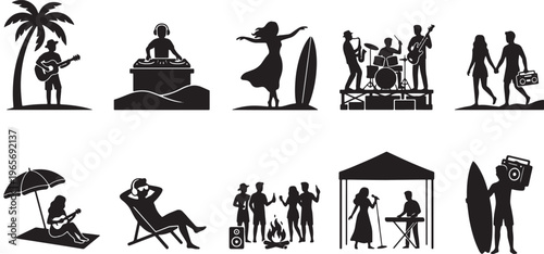 Silhouettes of diverse people in various activities and settings against a white background walking