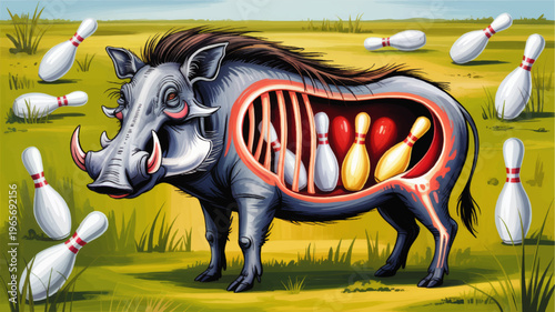 Surreal warthog anatomy illustration with bowling pins in stomach, humorous fantasy animal concept art on green savanna background