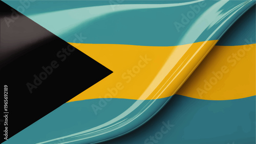 Glossy waving Bahamas flag close up, realistic Caribbean national banner texture with turquoise blue, yellow stripe and black triangle