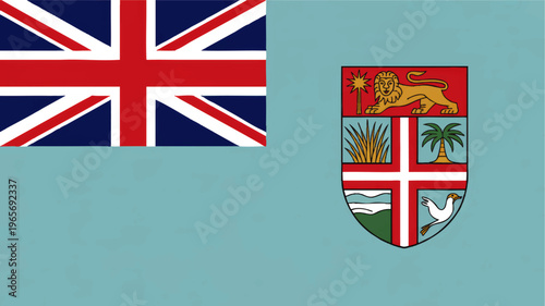Fiji national flag illustration with light blue field, Union Jack, and detailed coat of arms featuring lion, palm tree and dove emblem
