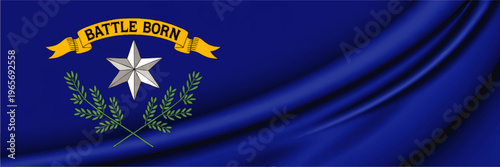 Nevada state flag with Battle Born banner, silver star and green sagebrush on waving blue fabric background, patriotic USA illustration