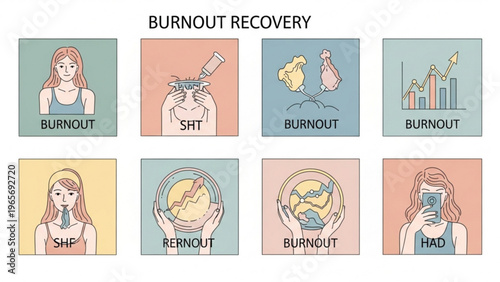 Burnout recovery icons, stress management symbols, wellness illustrations, mental health graphics