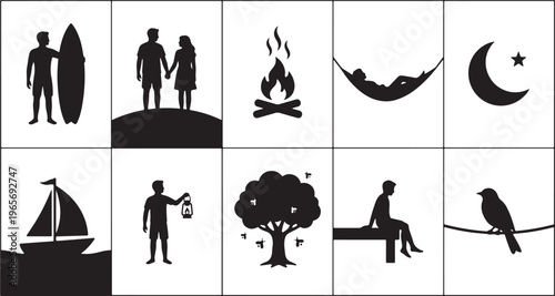 Silhouettes of people and animals engaged in various activities against a white background woman child