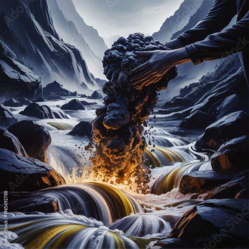 Surreal hands shaping lava and smoke above glowing river waterfall in dramatic fantasy mountain landscape, environmental energy concept art