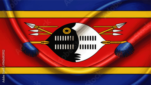 Vibrant Eswatini national flag illustration with traditional shield spears and colorful fabric waves in red blue and yellow