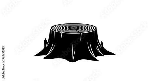A black and white illustration of a tree stump with a spiral pattern on top Abstrack background