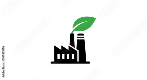 A black factory icon with a green leaf coming out of the chimney on a white background Abstrack background