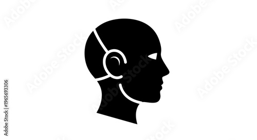 A black and white illustration of a human head with a robotic earpiece Abstrack background