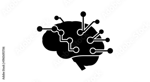 A black and white illustration of a brain with circuit board lines and nodes representing artificial intelligence and technology Abstrack background