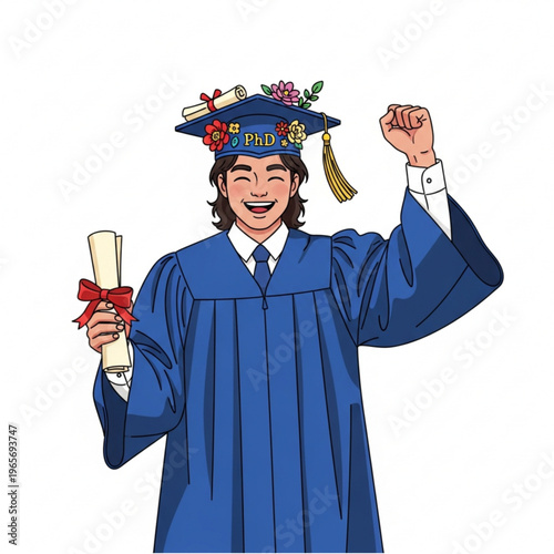 A joyful graduate celebrating their PhD achievement with a diploma and a decorated cap.