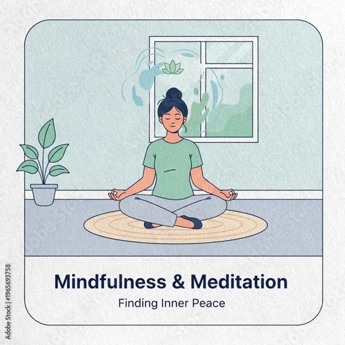 Animated woman practicing yoga and meditation in a peaceful room. Mindfulness concept with floating lotus and water elements for inner peace.