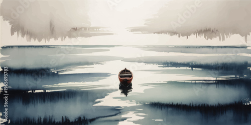 Minimalist watercolor landscape with lonely wooden boat on calm misty lake, serene blue abstract water and tranquil horizon