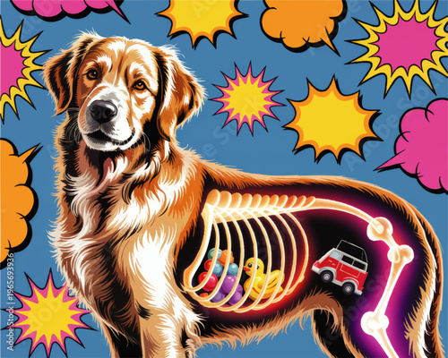 Colorful pop art golden retriever with x ray view of toys in stomach, playful comic style veterinary illustration on blue