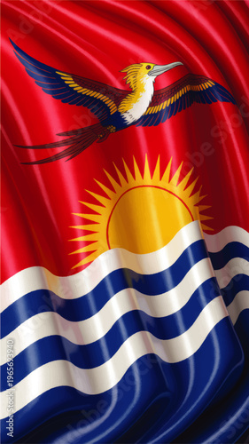 Realistic waving Kiribati flag illustration with golden frigate bird, rising sun and blue ocean waves on red fabric background