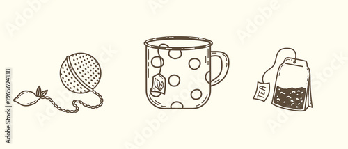 Tea brewing accessories set with mug, tea bag and metal infuser. Vector outline designs.