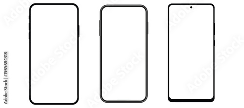 Realistic mobile phone mockups in different angles and white blank screen. 3D mockups frontal, isometric, perspective and rotated position. UI,UX smartphones template. Isolated cell phone, vector set