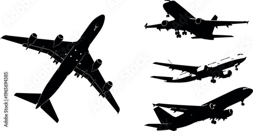 Airplane silhouette collection, commercial aircraft set, aviation transport illustration, passenger jet planes flying, multiple views, isolated black aircraft icons design