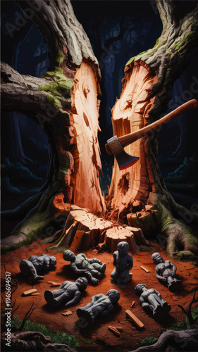 Dark fantasy forest scene with split ancient tree, falling axe and eerie stone child statues on red earth at night