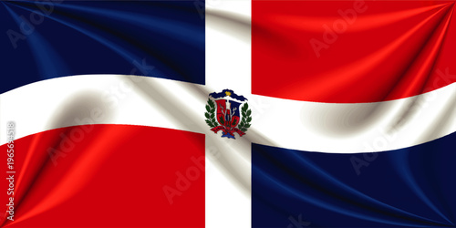 Realistic waving Dominican Republic flag with detailed national coat of arms, patriotic Caribbean banner illustration background