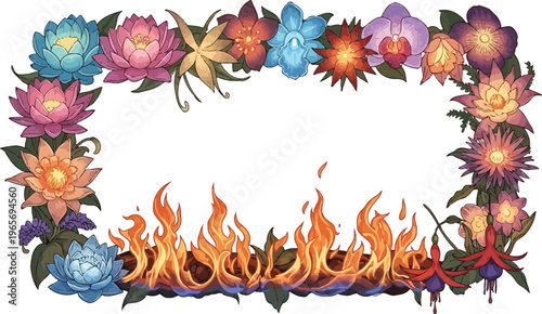 A vibrant floral border with colorful flowers and flames on a white background