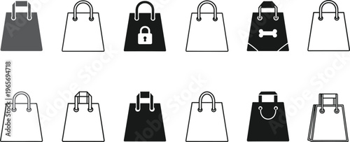 Set of shopping bag icons in flat line and solid style, black paper bag vector illustrations for retail, ecommerce, and commercial packaging design,