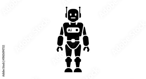 A black and white illustration of a robot with the letters Ai on its chest Abstrack background