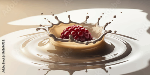 Fresh raspberry falling into creamy milk splash, realistic food illustration background for dairy advertising and dessert packaging design