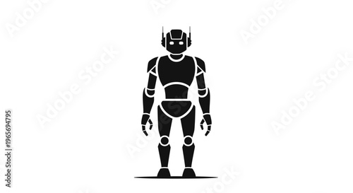 A black and white illustration of a futuristic robot standing on a plain background Abstrack background