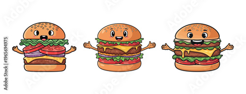 Three cartoon hamburger friends smiling.
